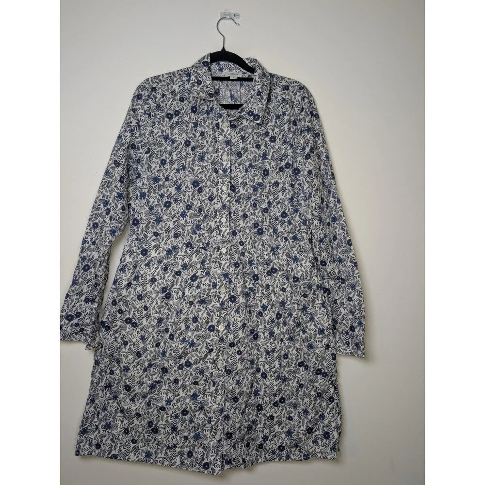 J.Crew Factory Floral Shirt Dress 8 Cotton Lined Blue White Mini PocketsCasual
